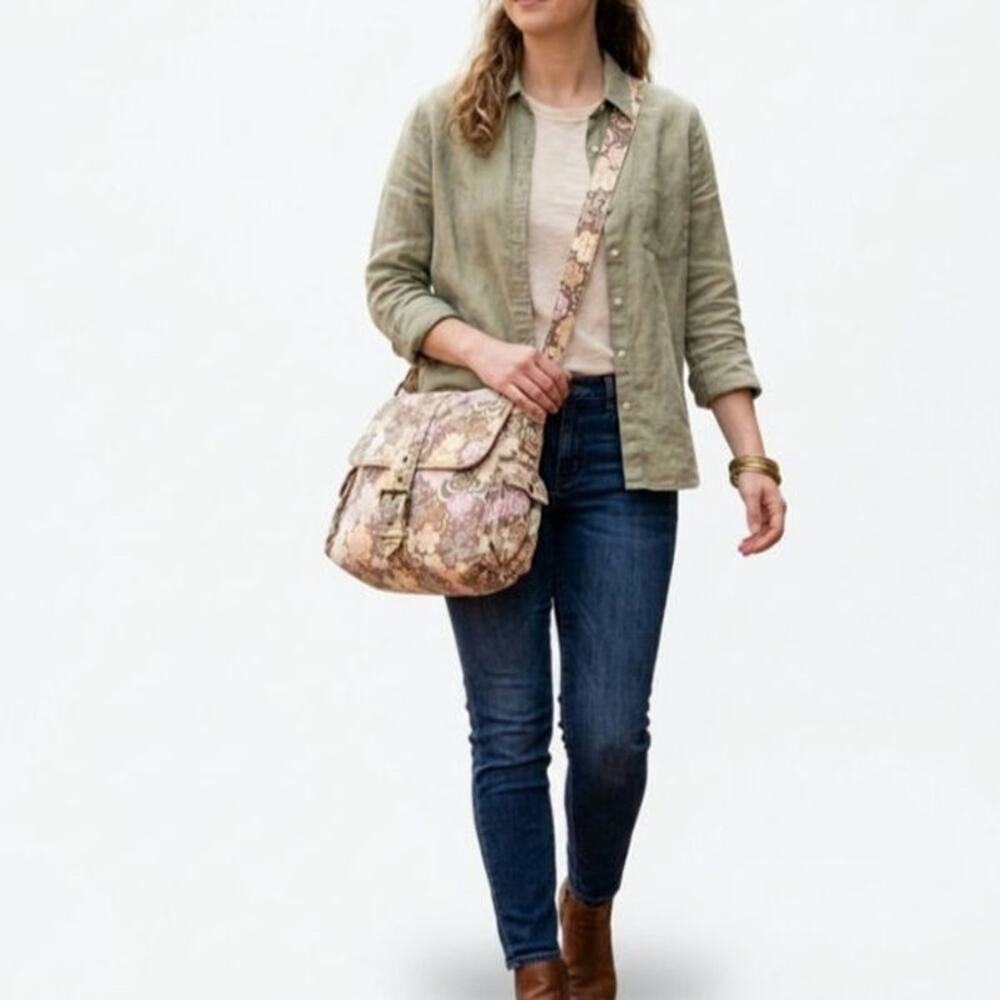 Gap EUC 100% cotton floral messenger crossbody bag large peach olive purple